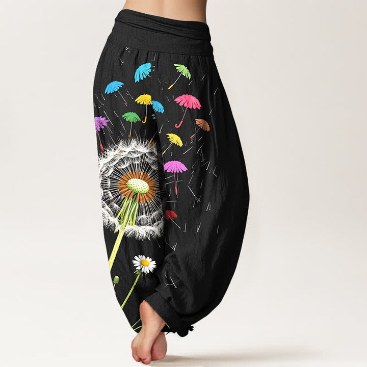 Buddha Stones Pantaloni harem da donna in puro cotone con motivo a fiore di dente di leone e vita elasticizzata. - image 2
