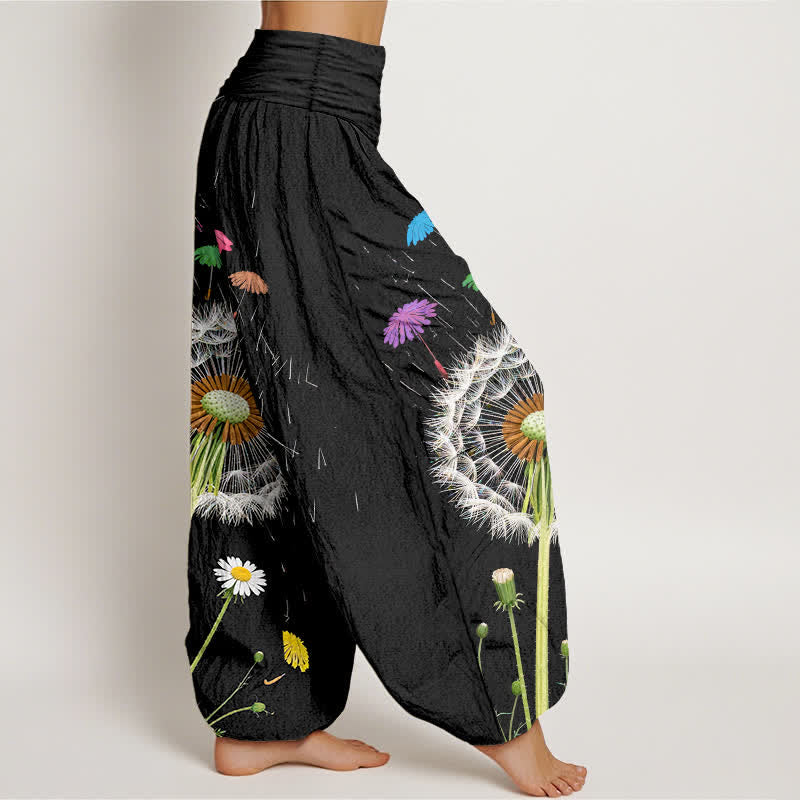 Buddha Stones Pantaloni harem da donna in puro cotone con motivo a fiore di dente di leone e vita elasticizzata. - image 1