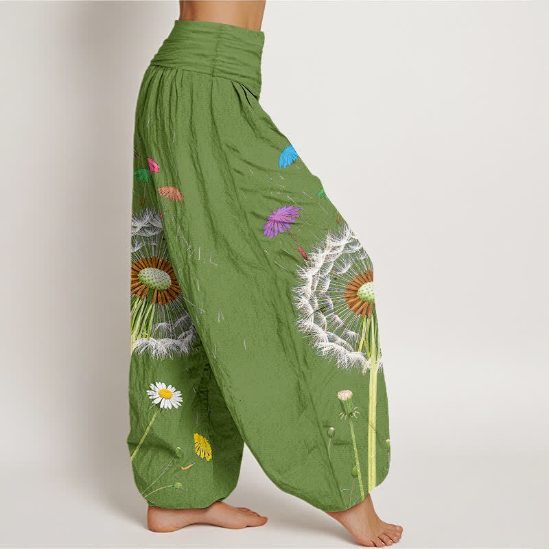 Buddha Stones Pantaloni harem da donna in puro cotone con motivo a fiore di dente di leone e vita elasticizzata. - image 6