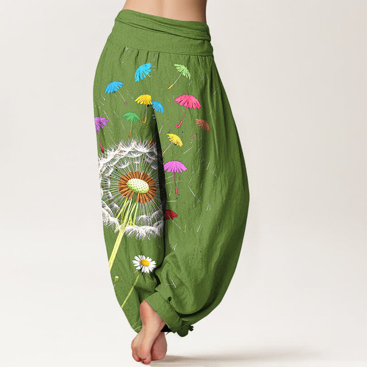 Buddha Stones Pantaloni harem da donna in puro cotone con motivo a fiore di dente di leone e vita elasticizzata. - image 7