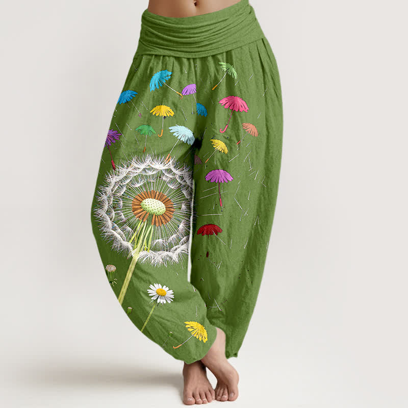 Buddha Stones Pantaloni harem da donna in puro cotone con motivo a fiore di dente di leone e vita elasticizzata. - Verde oliva - US16, UK/AU20, EU48 (3XL) - image 5