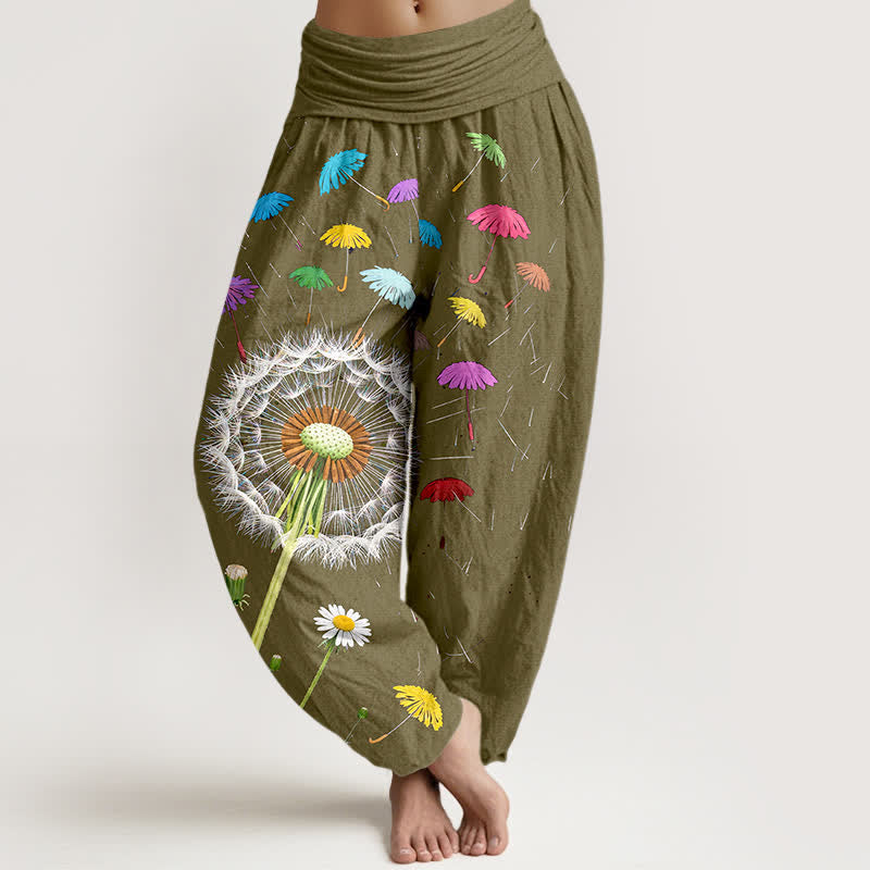 Buddha Stones Pantaloni harem da donna in puro cotone con motivo a fiore di dente di leone e vita elasticizzata. - Cachi scuro - US16, UK/AU20, EU48 (3XL) - image 8
