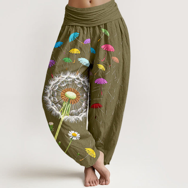 Buddha Stones Pantaloni harem da donna in puro cotone con motivo a fiore di dente di leone e vita elasticizzata. - Cachi scuro - US16, UK/AU20, EU48 (3XL) - image 8