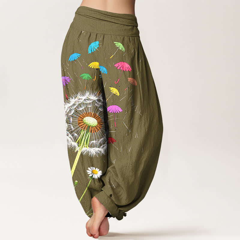 Buddha Stones Pantaloni harem da donna in puro cotone con motivo a fiore di dente di leone e vita elasticizzata. - image 10