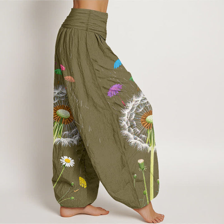 Buddha Stones Pantaloni harem da donna in puro cotone con motivo a fiore di dente di leone e vita elasticizzata. - image 9