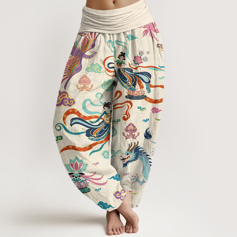 Buddha Stones Pantaloni harem da donna in cotone con motivo drago, fenice e loto, con elastico in vita. - Avorio - US16, UK/AU20, EU48 (3XL) - image 0
