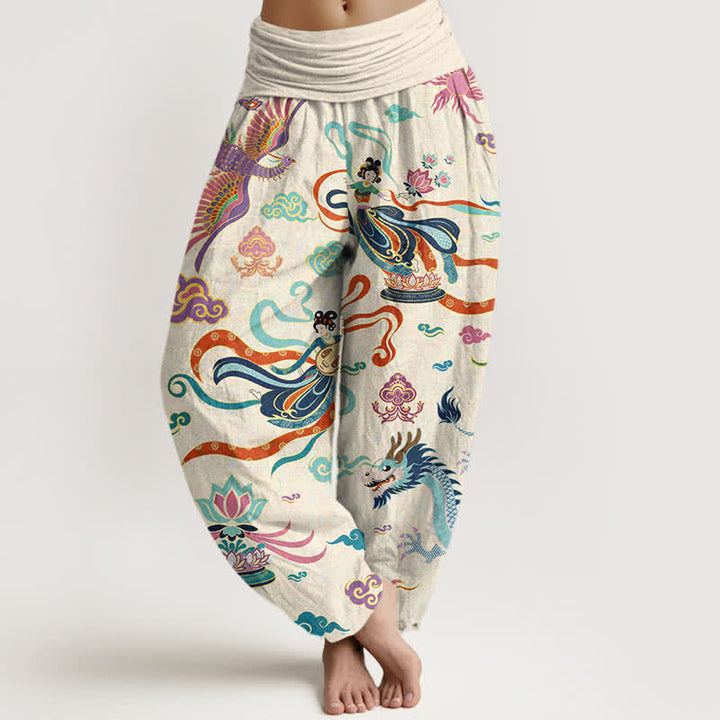 Buddha Stones Pantaloni harem da donna in cotone con motivo drago, fenice e loto, con elastico in vita. - Avorio - US16, UK/AU20, EU48 (3XL) - image 0