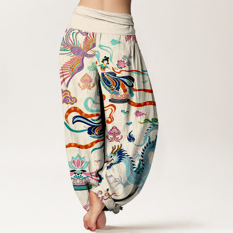 Buddha Stones Pantaloni harem da donna in cotone con motivo drago, fenice e loto, con elastico in vita. - image 2