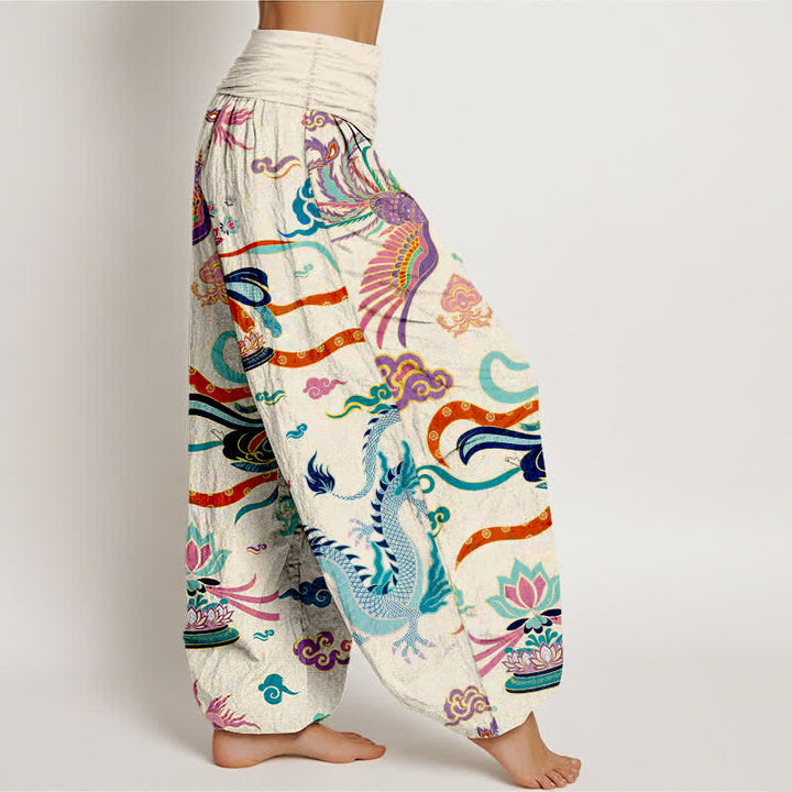 Buddha Stones Pantaloni harem da donna in cotone con motivo drago, fenice e loto, con elastico in vita. - image 1