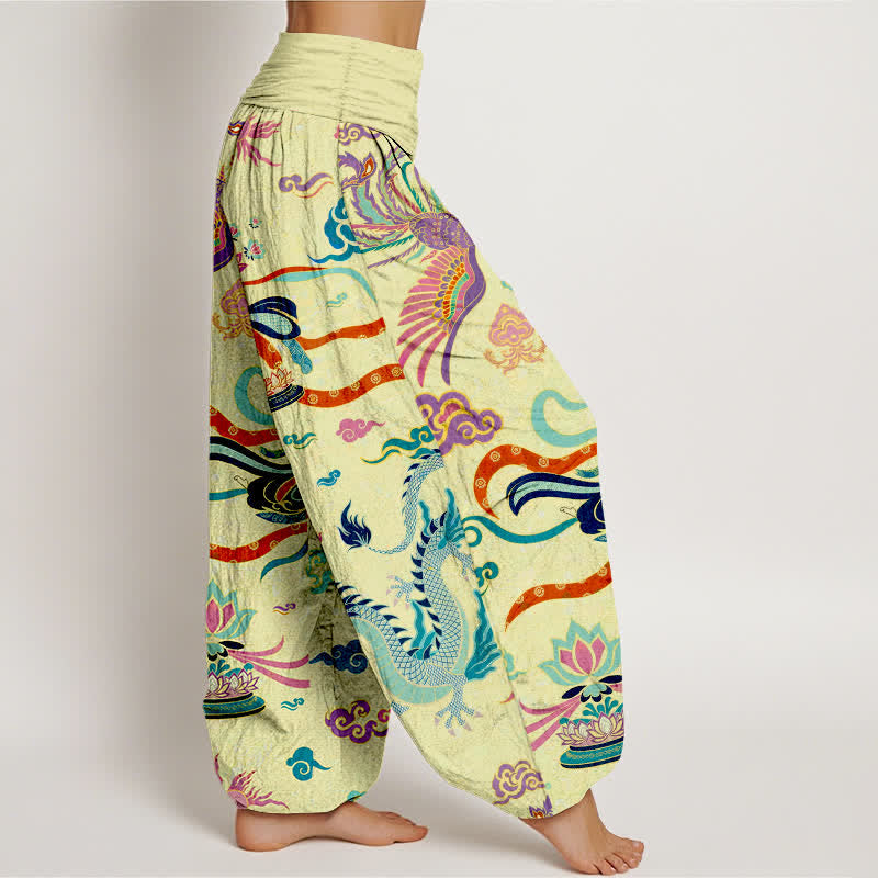 Buddha Stones Pantaloni harem da donna in cotone con motivo drago, fenice e loto, con elastico in vita. - image 6