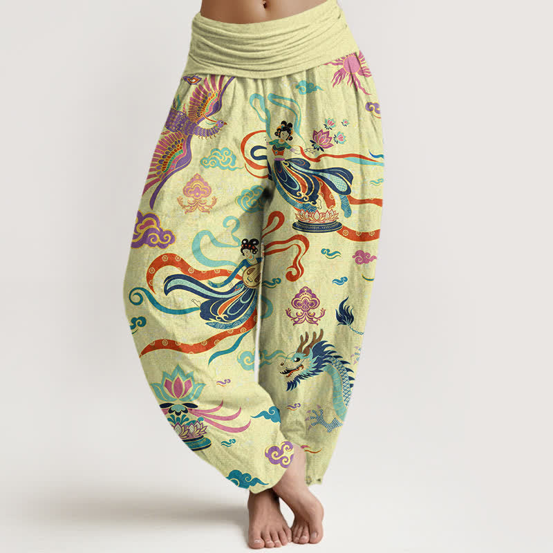 Buddha Stones Pantaloni harem da donna in cotone con motivo drago, fenice e loto, con elastico in vita. - LemonChiffon - US16, UK/AU20, EU48 (3XL) - image 5