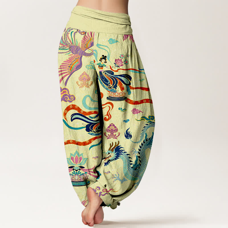Buddha Stones Pantaloni harem da donna in cotone con motivo drago, fenice e loto, con elastico in vita. - image 7