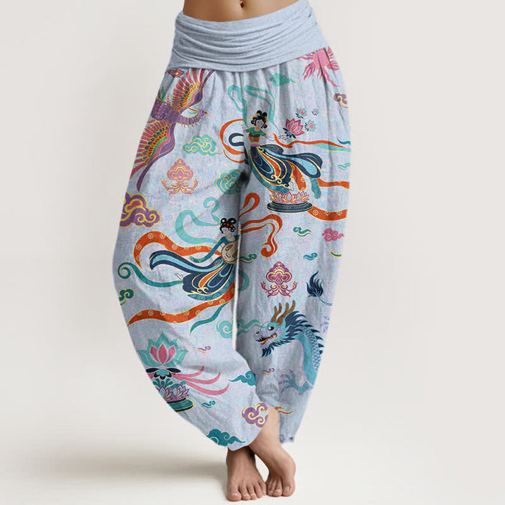 Buddha Stones Pantaloni harem da donna in cotone con motivo drago, fenice e loto, con elastico in vita. - Azzurro polvere - US16, UK/AU20, EU48 (3XL) - image 8