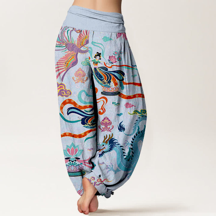 Buddha Stones Pantaloni harem da donna in cotone con motivo drago, fenice e loto, con elastico in vita. - image 10