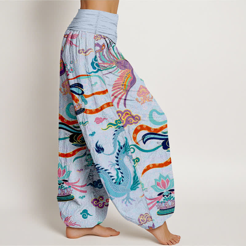 Buddha Stones Pantaloni harem da donna in cotone con motivo drago, fenice e loto, con elastico in vita. - image 9