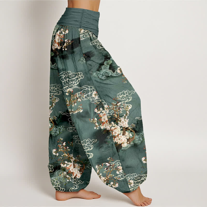 Buddha Stones Pantaloni harem da donna in puro cotone con fantasia floreale e nuvole, vita elasticizzata. - image 1