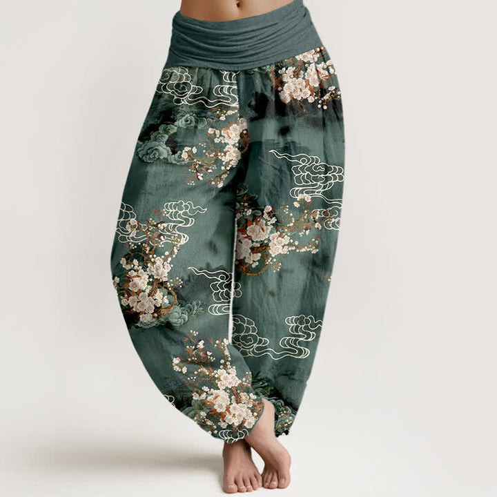 Buddha Stones Pantaloni harem da donna in puro cotone con fantasia floreale e nuvole, vita elasticizzata. - Verde acqua - US16, UK/AU20, EU48 (3XL) - image 0
