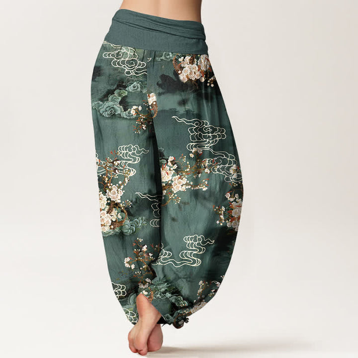 Buddha Stones Pantaloni harem da donna in puro cotone con fantasia floreale e nuvole, vita elasticizzata. - image 2