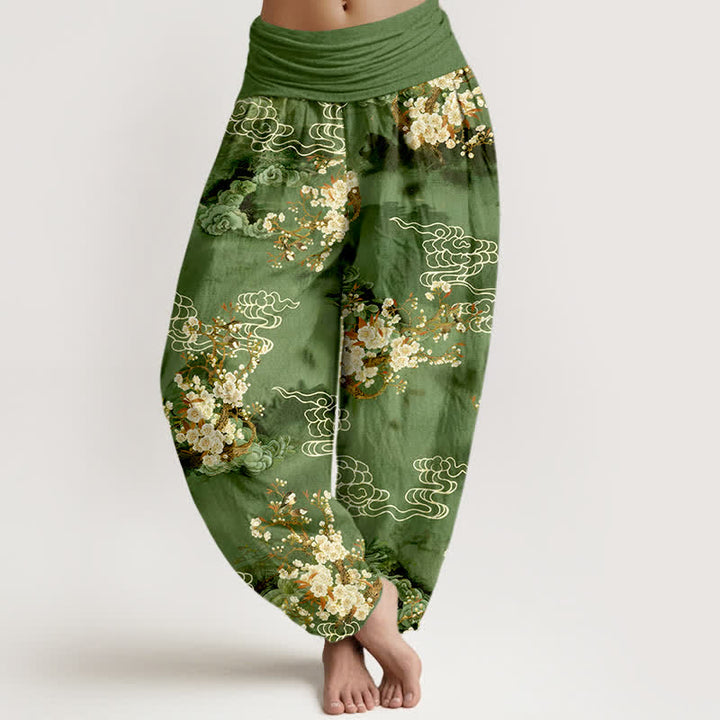 Buddha Stones Pantaloni harem da donna in puro cotone con fantasia floreale e nuvole, vita elasticizzata. - Verde studentesco - US16, UK/AU20, EU48 (3XL) - image 5