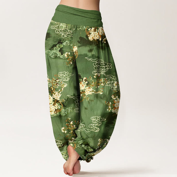 Buddha Stones Pantaloni harem da donna in puro cotone con fantasia floreale e nuvole, vita elasticizzata. - image 7
