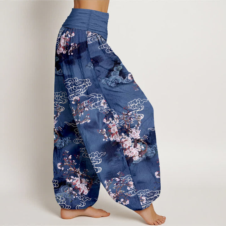 Buddha Stones Pantaloni harem da donna in puro cotone con fantasia floreale e nuvole, vita elasticizzata. - image 9