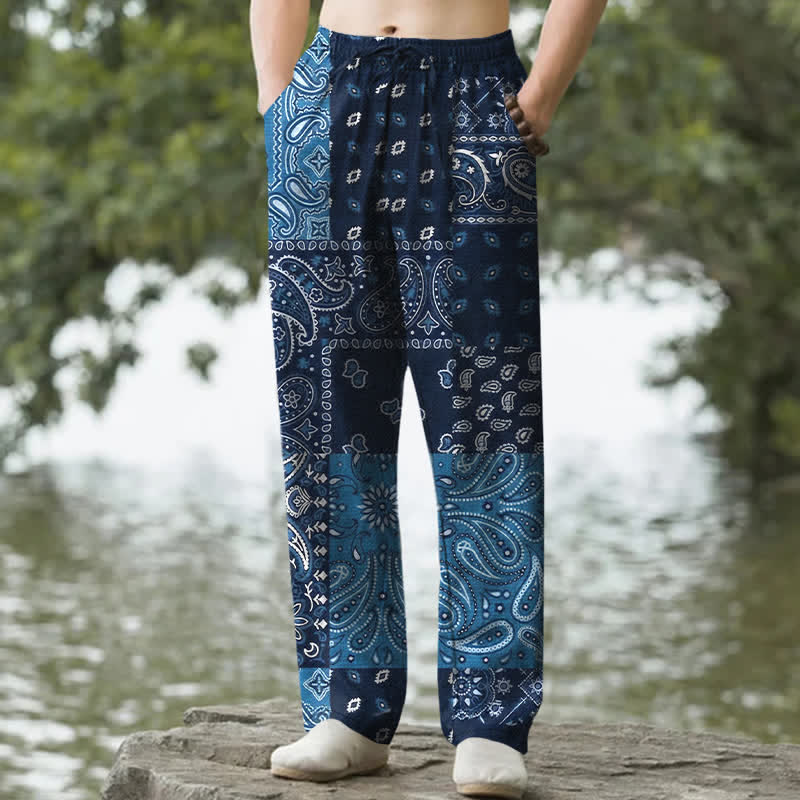 Buddha Stones Pantaloni da uomo affusolati con tasche, in cotone con motivo paisley. - Marina - US/UK/AU50, EU60 (5XL) - image 0