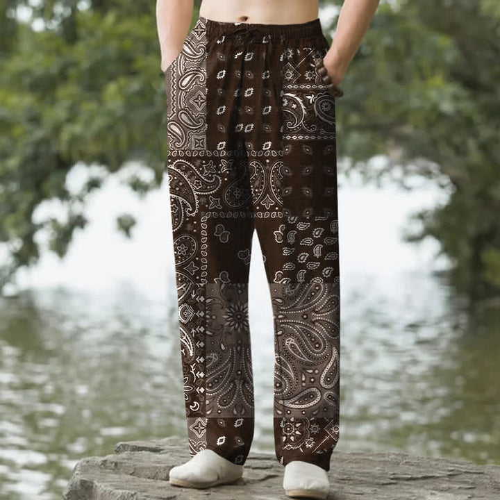 Buddha Stones Pantaloni da uomo affusolati con tasche, in cotone con motivo paisley. - Marrone sella - US/UK/AU50, EU60 (5XL) - image 4
