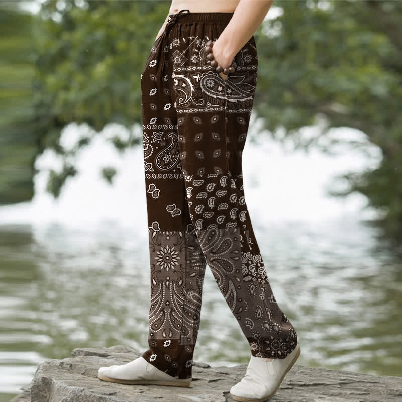 Buddha Stones Pantaloni da uomo affusolati con tasche, in cotone con motivo paisley. - image 5