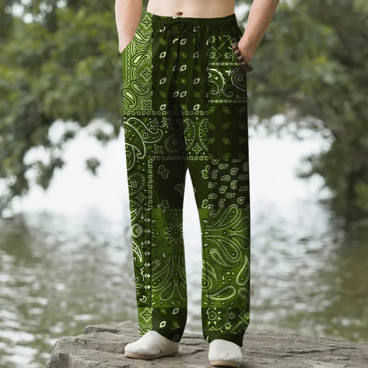 Buddha Stones Pantaloni da uomo affusolati con tasche, in cotone con motivo paisley. - Verde oliva - US/UK/AU50, EU60 (5XL) - image 6