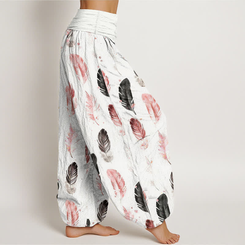 Buddha Stones Pantaloni harem da donna in puro cotone con fantasia a piume e vita elasticizzata - image 1