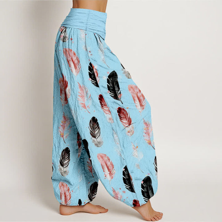 Buddha Stones Pantaloni harem da donna in puro cotone con fantasia a piume e vita elasticizzata - image 9
