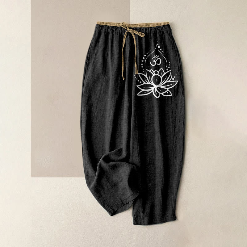 Buddha Stones Pantaloni da donna in puro cotone con elastico in vita e tasche, fantasia Lotus OM. - Nero - US16, UK/AU20, EU48 (3XL) - image 0