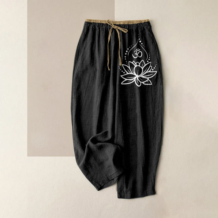 Buddha Stones Pantaloni da donna in puro cotone con elastico in vita e tasche, fantasia Lotus OM. - Nero - US16, UK/AU20, EU48 (3XL) - image 0