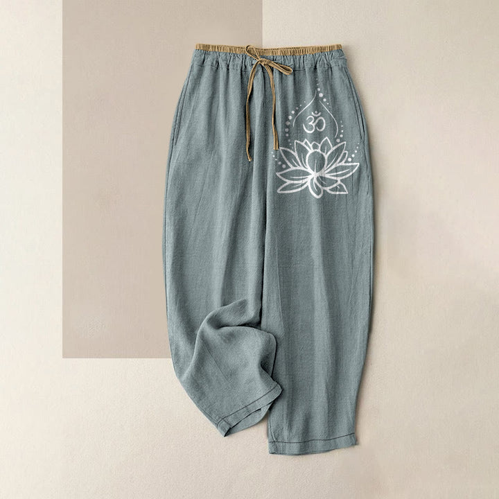 Buddha Stones Pantaloni da donna in puro cotone con elastico in vita e tasche, fantasia Lotus OM. - Cadetto Blu - US16, UK/AU20, EU48 (3XL) - image 4