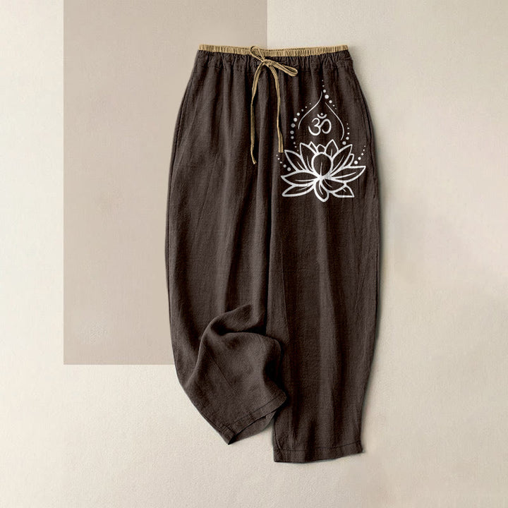 Buddha Stones Pantaloni da donna in puro cotone con elastico in vita e tasche, fantasia Lotus OM. - Marrone sella - US16, UK/AU20, EU48 (3XL) - image 5