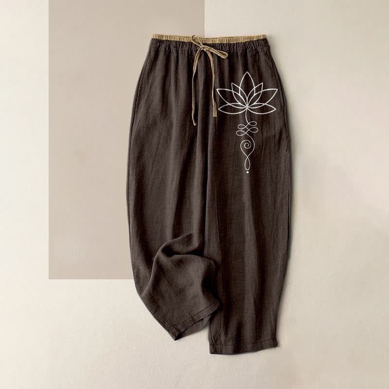 Buddha Stones Pantaloni da donna in puro cotone con motivo zen a loto, elastico in vita e tasche. - Marrone sella - US16, UK/AU20, EU48 (3XL) - image 0