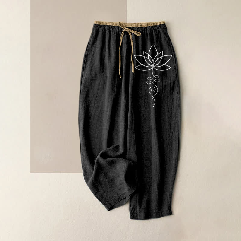Buddha Stones Pantaloni da donna in puro cotone con motivo zen a loto, elastico in vita e tasche. - Nero - US16, UK/AU20, EU48 (3XL) - image 4