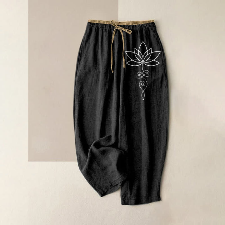 Buddha Stones Pantaloni da donna in puro cotone con motivo zen a loto, elastico in vita e tasche. - Nero - US16, UK/AU20, EU48 (3XL) - image 4