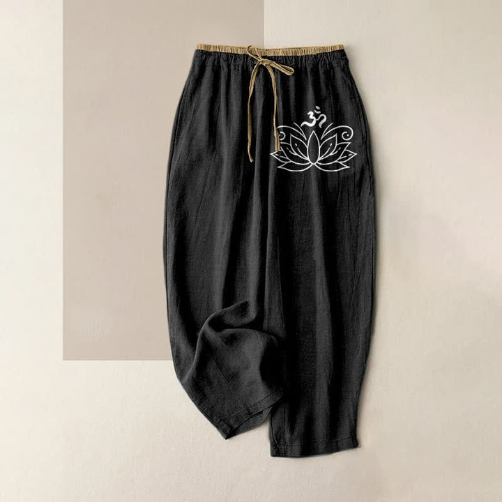 Buddha Stones Pantaloni da donna in puro cotone con motivo a loto, elastico in vita e tasche. - Nero - US16, UK/AU20, EU48 (3XL) - image 0