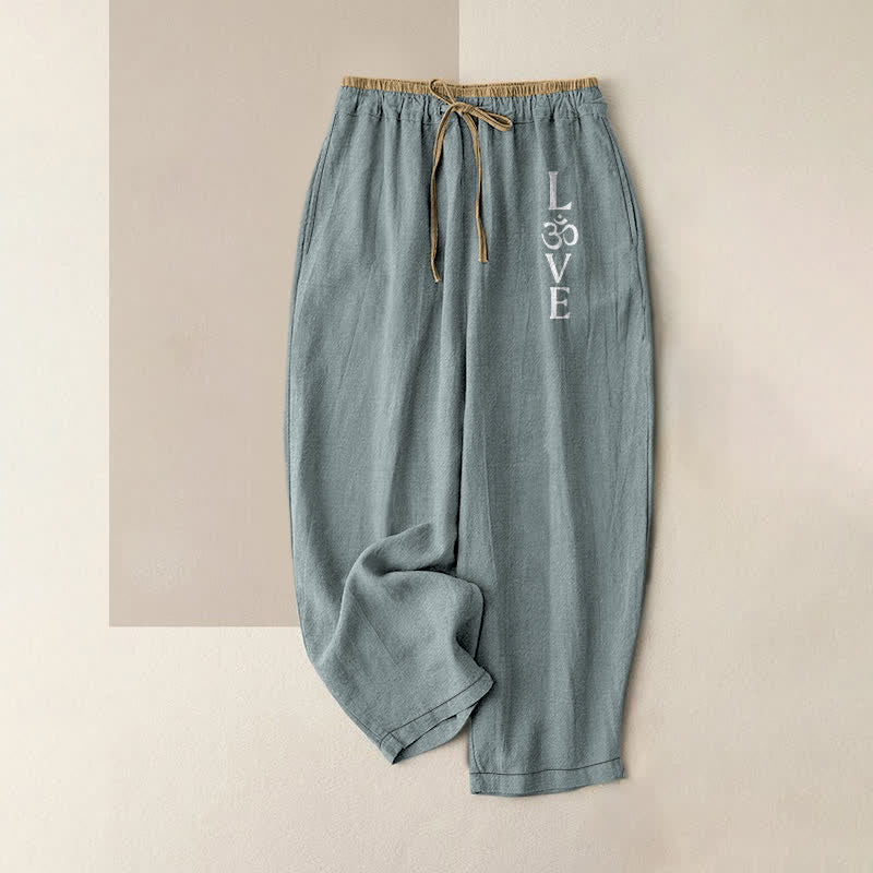 Buddha Stones Pantaloni da donna in puro cotone con elastico in vita e tasche, con stampa "Love OM". - Cadetto Blu - US16, UK/AU20, EU48 (3XL) - image 0