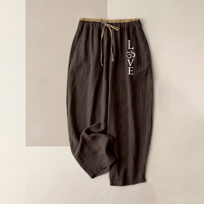 Buddha Stones Pantaloni da donna in puro cotone con elastico in vita e tasche, con stampa "Love OM". - Marrone sella - US16, UK/AU20, EU48 (3XL) - image 5