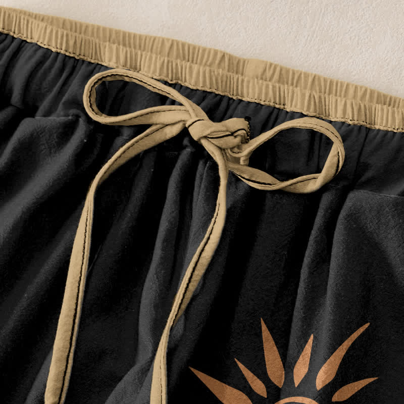 Buddha Stones Pantaloni da donna in cotone con elastico in vita e tasche, fantasia boho a spirale solare. - image 1