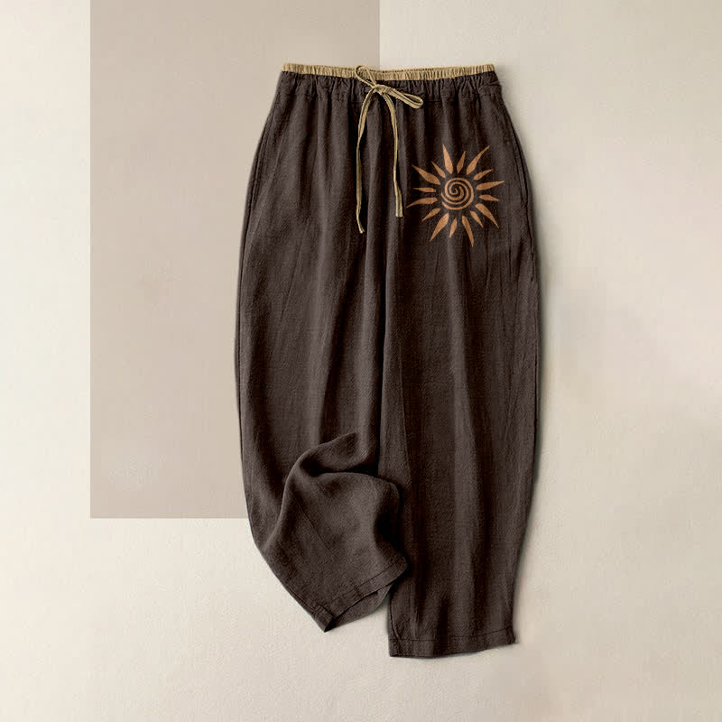 Buddha Stones Pantaloni da donna in cotone con elastico in vita e tasche, fantasia boho a spirale solare. - Marrone sella - US16, UK/AU20, EU48 (3XL) - image 5