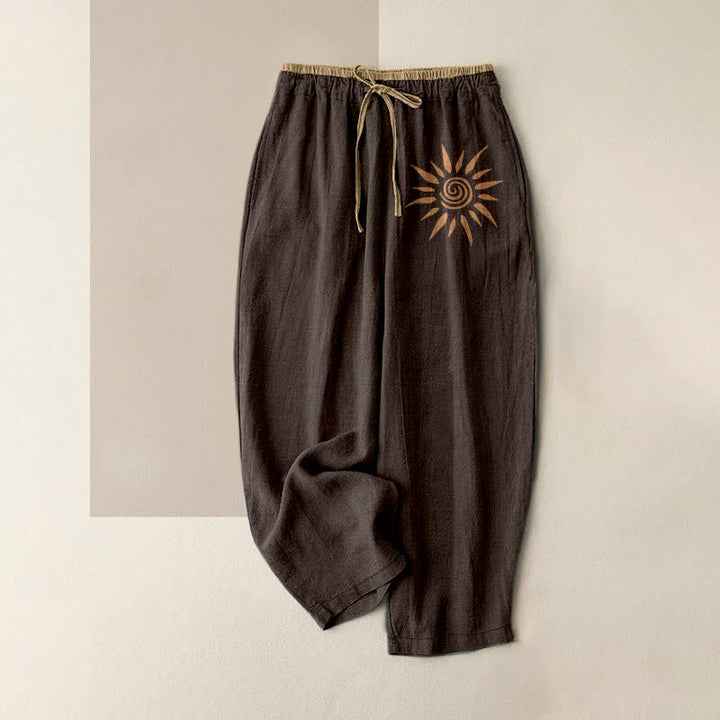 Buddha Stones Pantaloni da donna in cotone con elastico in vita e tasche, fantasia boho a spirale solare. - Marrone sella - US16, UK/AU20, EU48 (3XL) - image 5