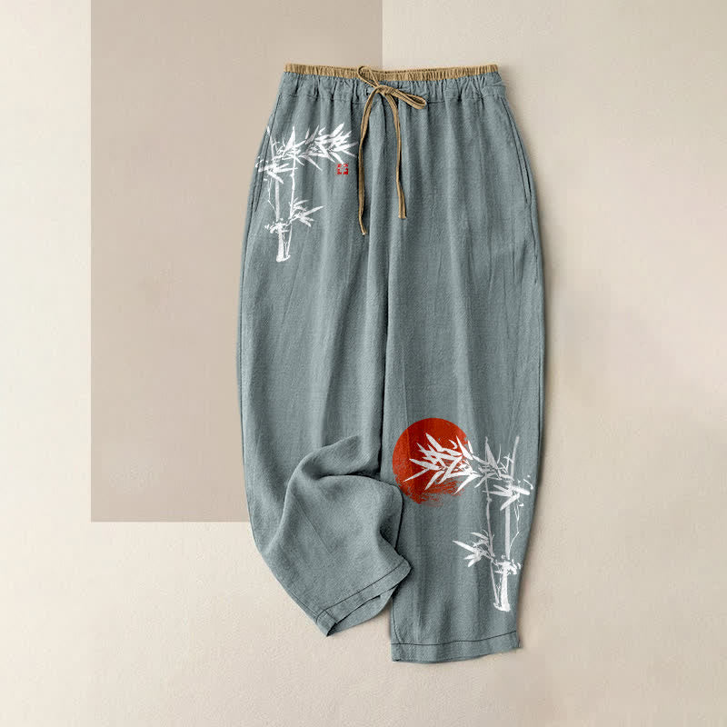 Buddha Stones Pantaloni da donna in puro cotone con elastico in vita e tasche, fantasia "bambù rosso sole". - Cadetto Blu - US16, UK/AU20, EU48 (3XL) - image 0