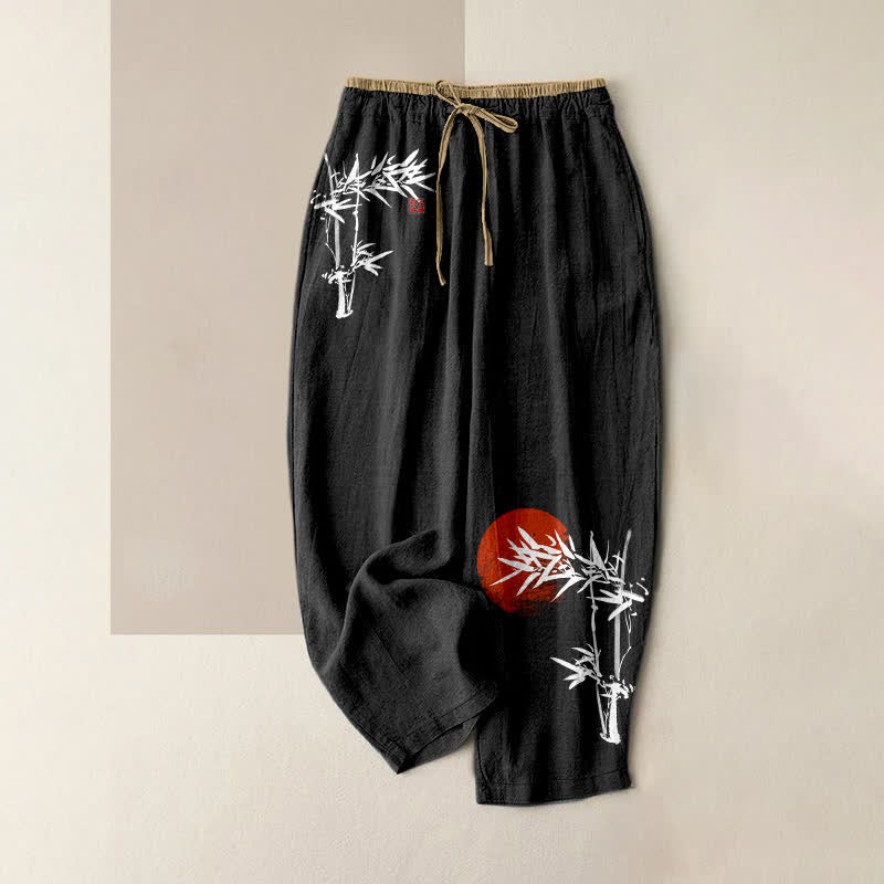 Buddha Stones Pantaloni da donna in puro cotone con elastico in vita e tasche, fantasia "bambù rosso sole". - Nero - US16, UK/AU20, EU48 (3XL) - image 4