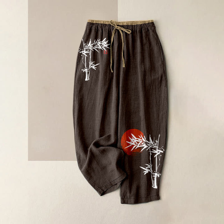 Buddha Stones Pantaloni da donna in puro cotone con elastico in vita e tasche, fantasia "bambù rosso sole". - Marrone sella - US16, UK/AU20, EU48 (3XL) - image 5