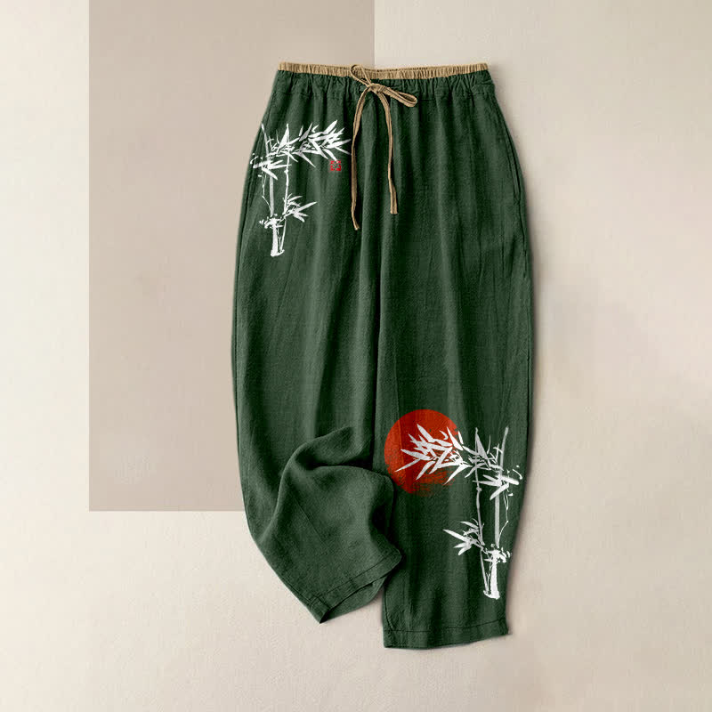 Buddha Stones Pantaloni da donna in puro cotone con elastico in vita e tasche, fantasia "bambù rosso sole". - Verde studentesco - US16, UK/AU20, EU48 (3XL) - image 6