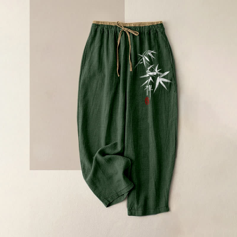 Buddha Stones Pantaloni da donna in puro cotone bianco con motivo bambù Zen, elastico in vita e tasche. - Verde studentesco - US16, UK/AU20, EU48 (3XL) - image 4