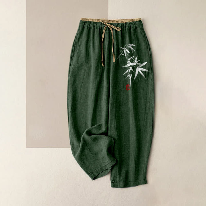 Buddha Stones Pantaloni da donna in puro cotone bianco con motivo bambù Zen, elastico in vita e tasche. - Verde studentesco - US16, UK/AU20, EU48 (3XL) - image 4